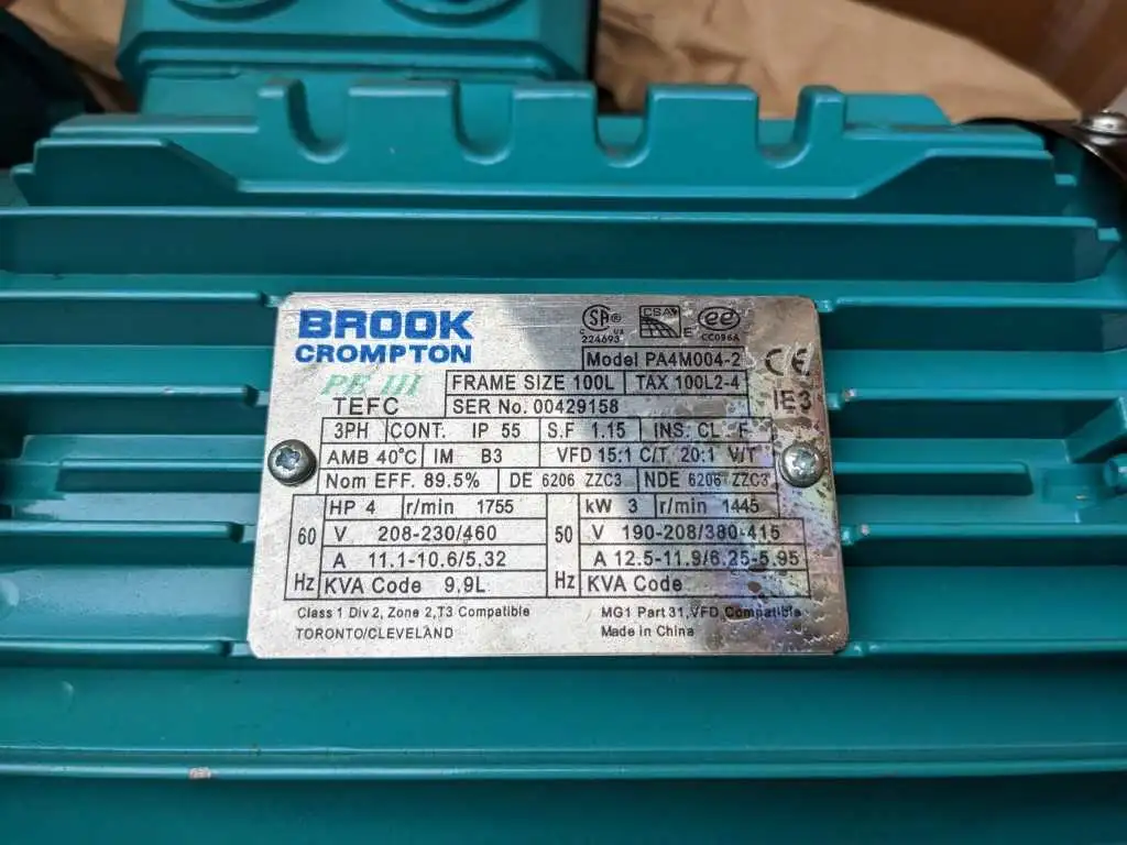 Brook Crompton PA4M004-2 MOTOR 4HP 1755, 1445 RPM - Image 2