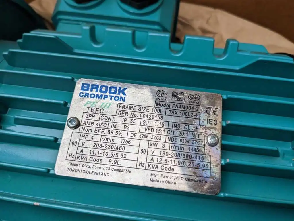Brook Crompton PA4M004-2 MOTOR 4HP 1755, 1445 RPM - Image 3