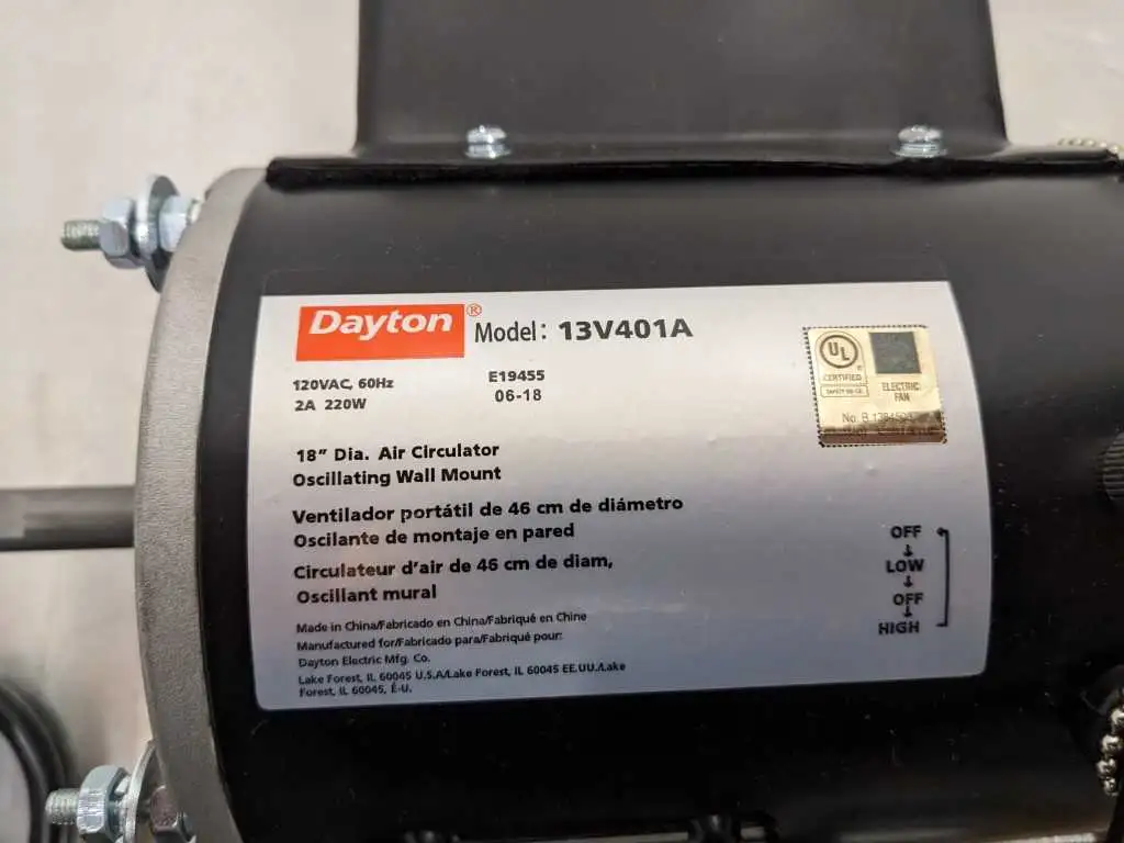 Dayton 13V401A Motor Assembly for 18 inch Dia Oscillating Wall Mount Fan 19YX78 VE13V401MAG - Image 10