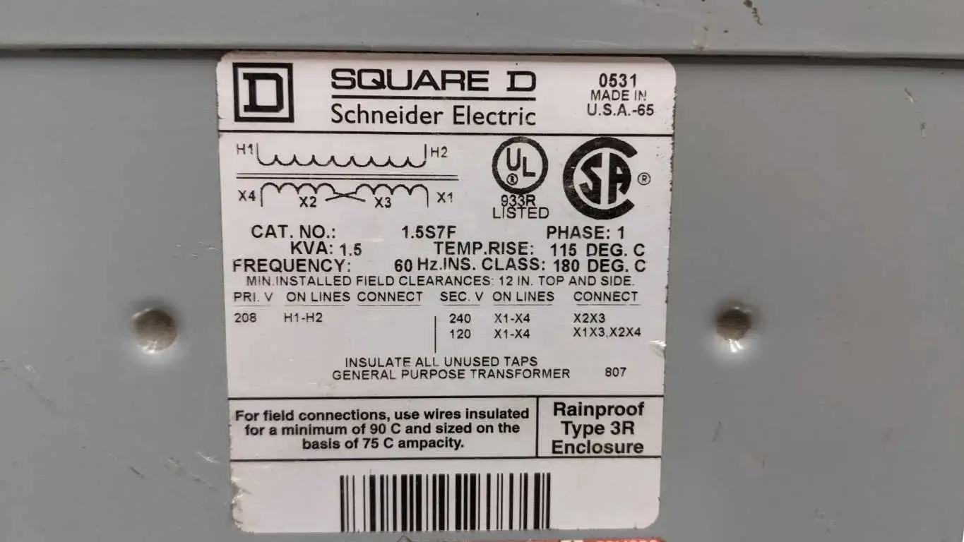 Square D 1.5S7F Transformer 1.5 KVA 208 to 240/120 VAC 1 PHASE RAINPROOF TYPE 3R - Image 4