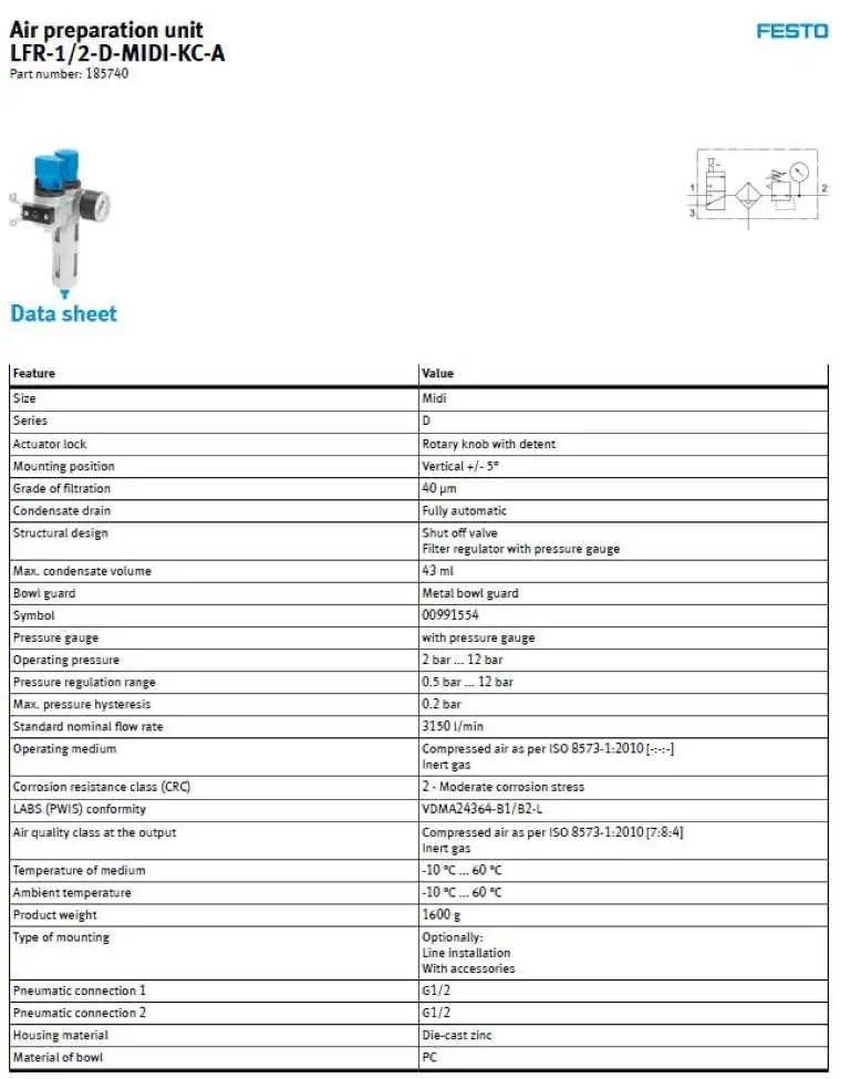 Festo LFR-1/2-D-MIDI-KC Air Filter Preparation Unit 185739 H160 - Image 10