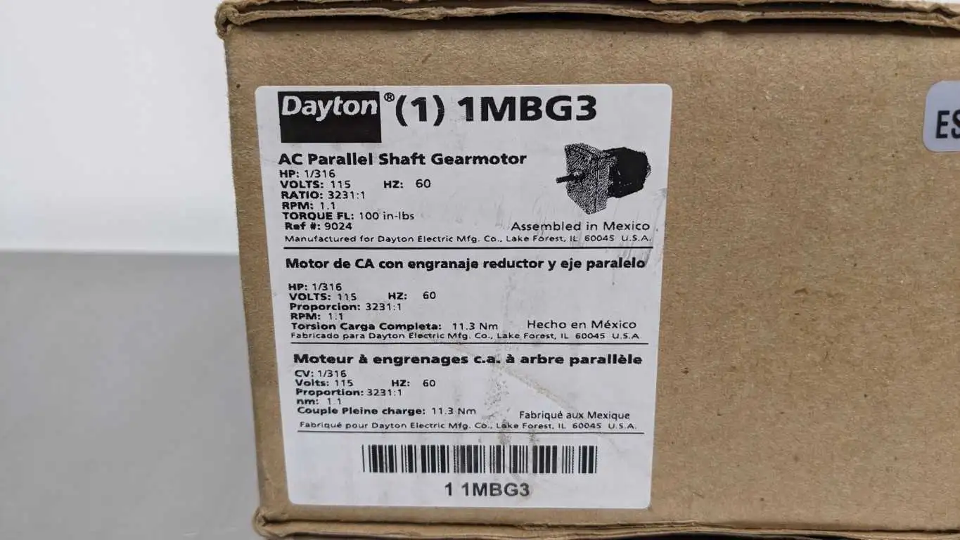Dayton 1MBG3 AC Parallel Shaft Gearmotor 1/316HP 3231:1 Ratio 100 in-lbs 1.1 RPM - Image 5