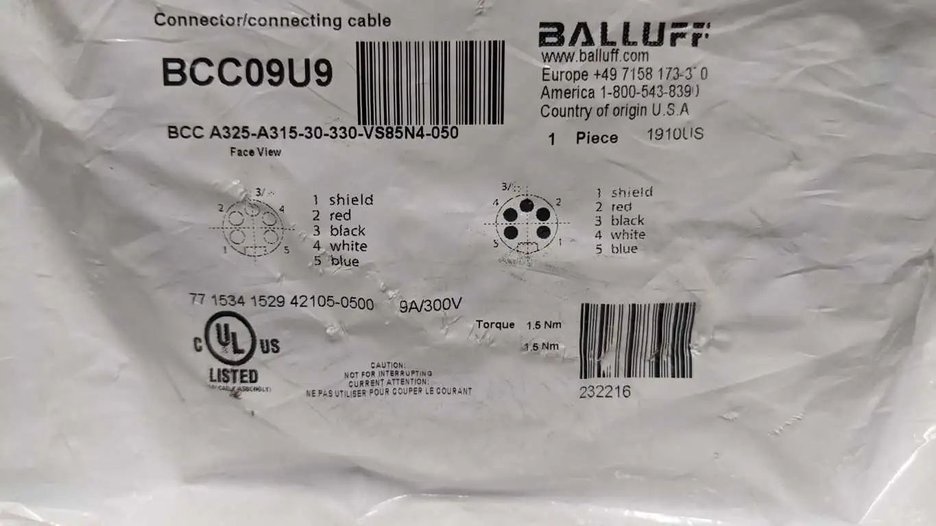 Balluff BCC A325-A315-30-330-VS85N4-050 Double-Ended Cordsets 9A 300V 5M BCC09U9 - Image 4