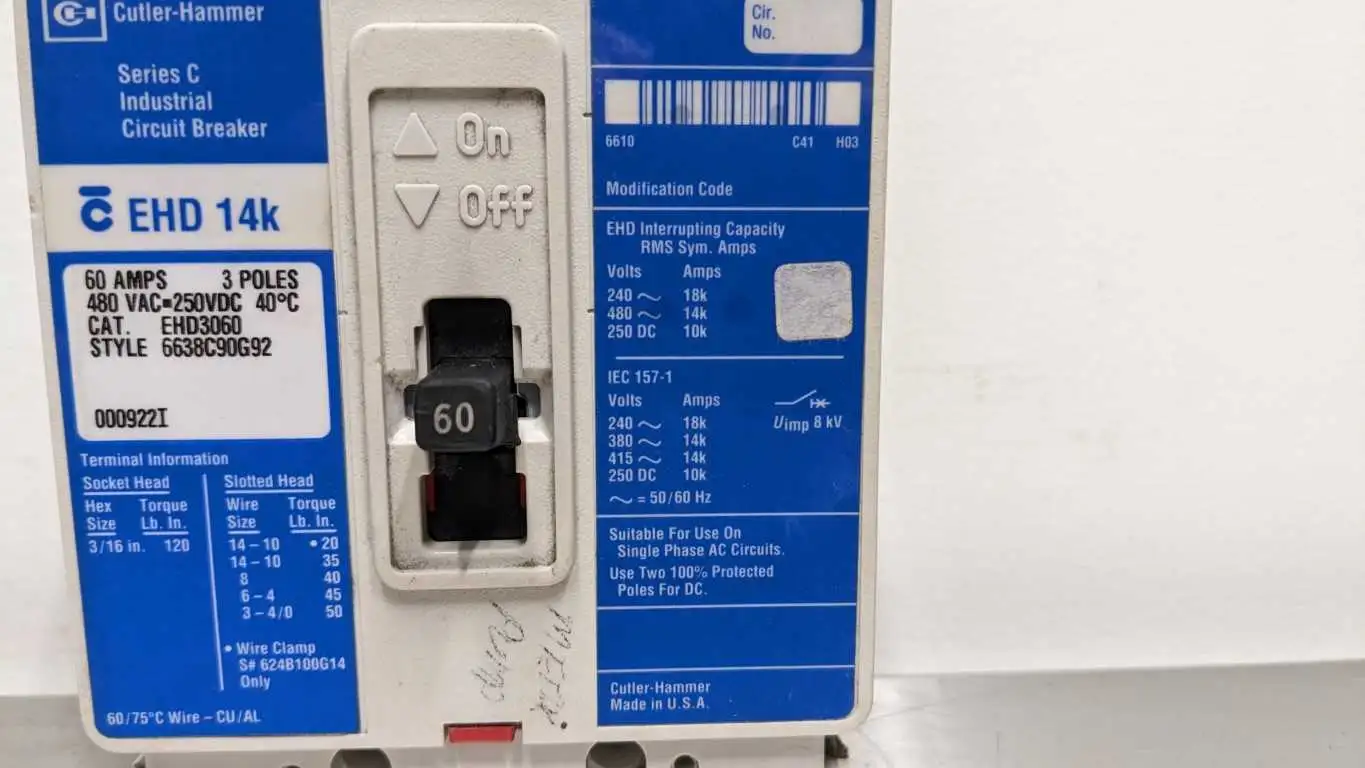 Cutler-Hammer EHD3060 Circuit Breaker EHD 14k 3 Pole 480VAC 250VDC - Image 10