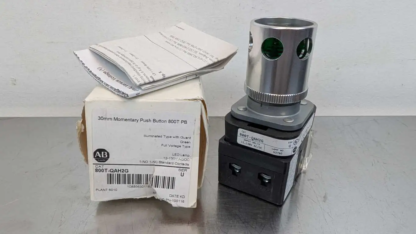 Allen-Bradley 800T-QAH2G Momentary Pushbutton with Guard Ser U 30mm Green LED