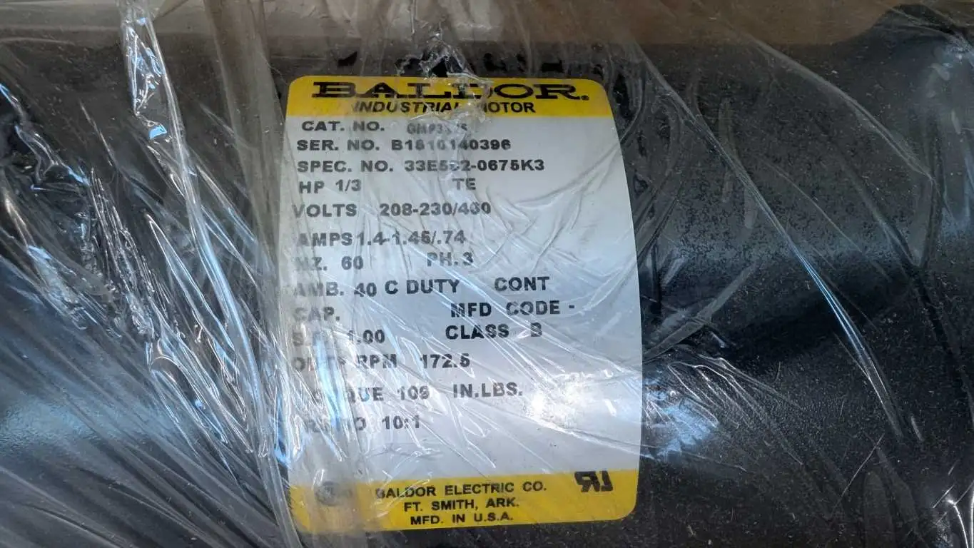 Baldor GMP3336 Gear Motor 1/3HP 10:1 172.5 RPM 208-230/460VAC 1.4-1.46/.74A - Image 3