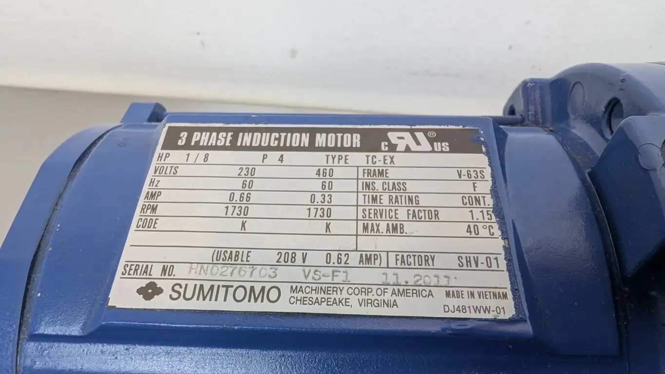 Sumitomo CNHM01-6085YC-71 Gearmotor PA172666 1/8HP 71:1 24.6 RPM - Image 5