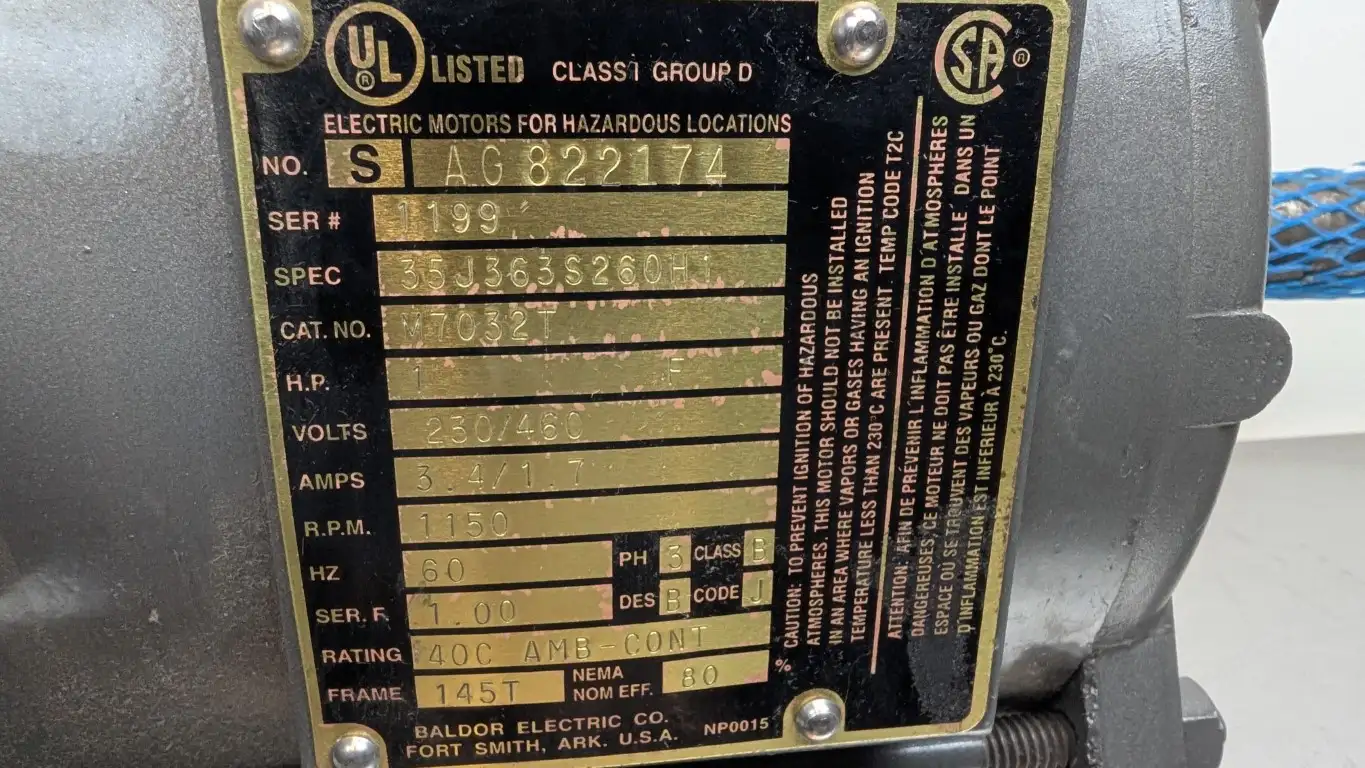 Baldor M7032T Hazardous Location AC Motor 1HP 1150 RPM 230/460VAC 3.4/1.7A 145T - Image 5