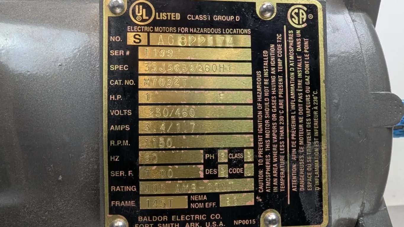 Baldor M7032T Hazardous Location AC Motor 1HP 1150 RPM 230/460VAC 3.4/1.7A 145T - Image 6