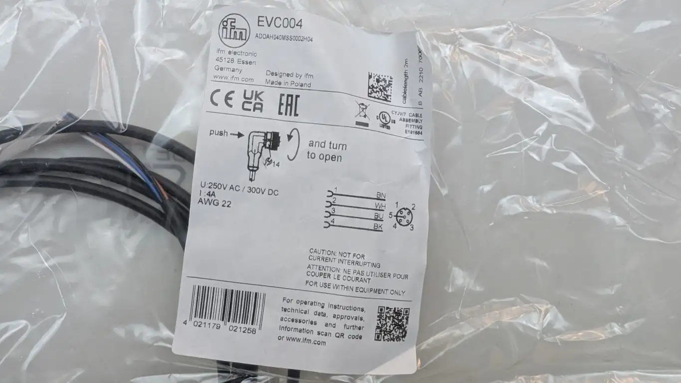 IFM Efector EVC004 Female Cordset ADOAH040MSS0002H04 5-Pin 4-Wire M12 AWG 22 - Image 4