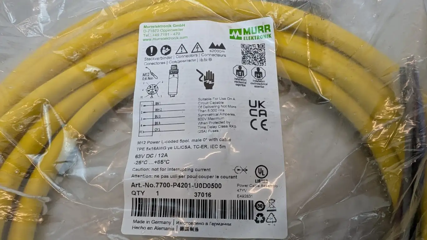 Murr Elektronik 7700-P4201-U0D0500 Cordset M12 Male 5-Pin 5-Wire 5m 63VDC 12A - Image 4