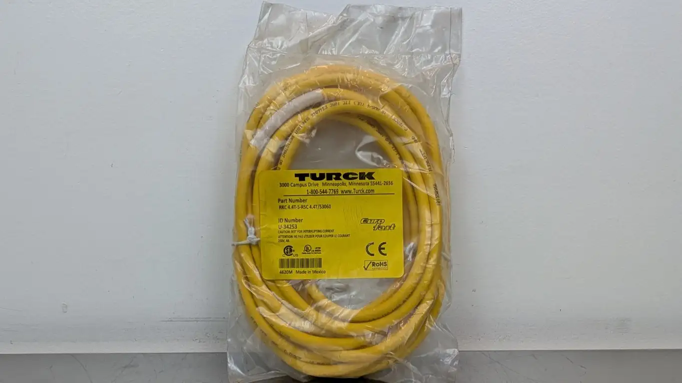 Turck RKC 4.4T-5-RSC 4.4T/S3060 Cordset U-34253 M12 Male/Female 4-Pin 5m Yellow