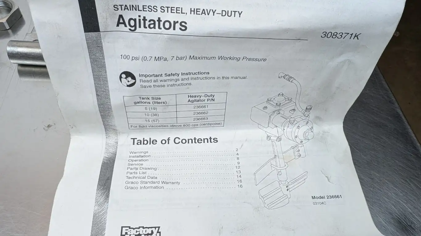 Graco 236661 Heavy Duty S/S Pressure Tank Agitator 1/2HP 15" 3000 RPM Gear Reduced - Image 9
