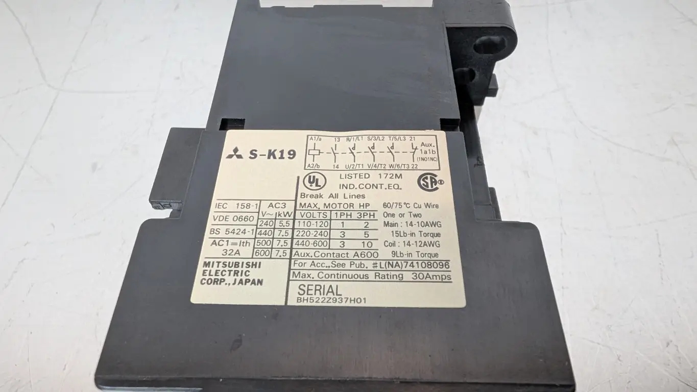 Mitsubishi S-K19 Contactor 110/120VAC Coil 600V 19A - Image 4
