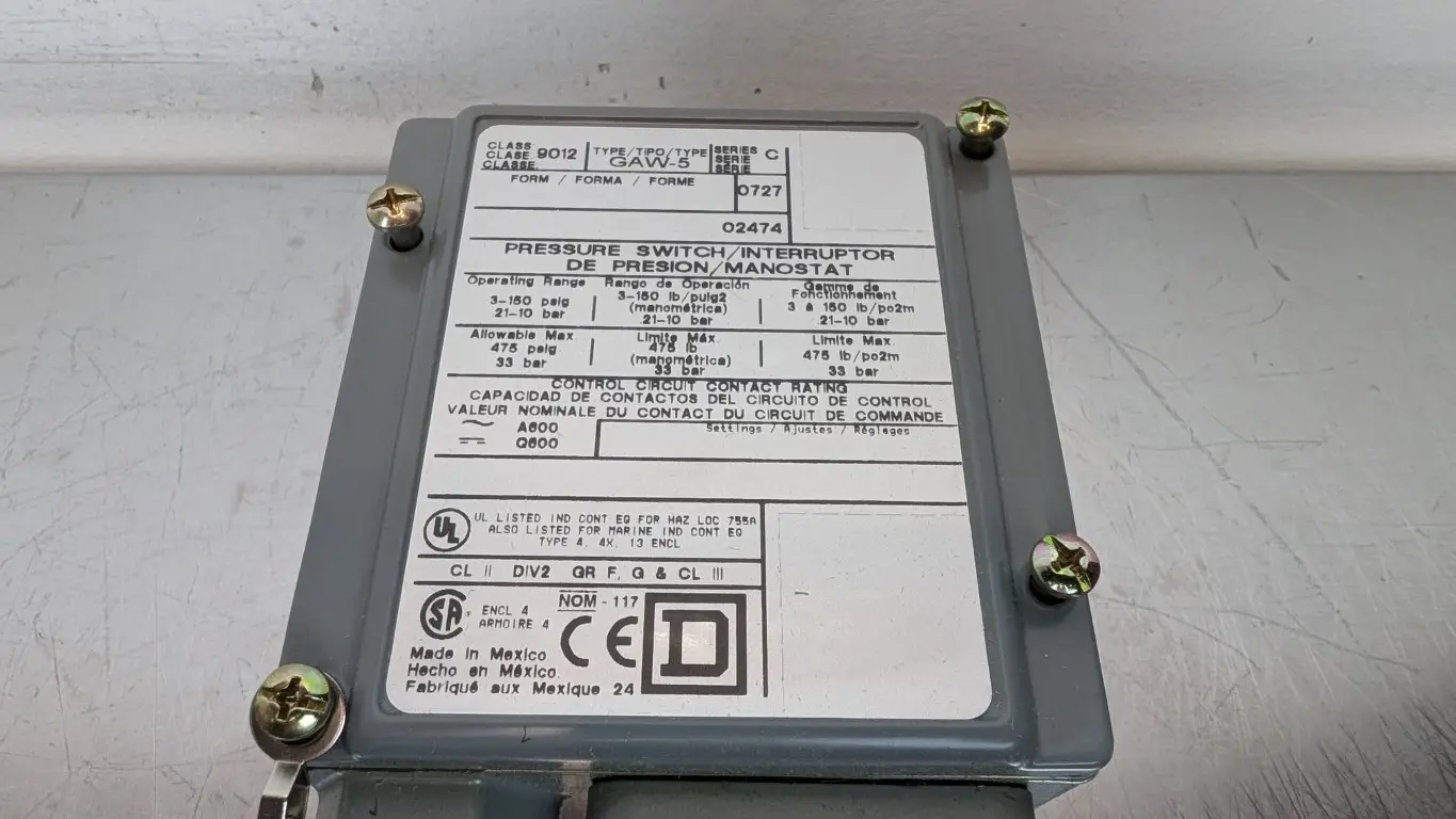 Square D 9012GAW-5 Industrial Pressure Switch Ser C 600V AC/DC 3-150 PSI - Image 4