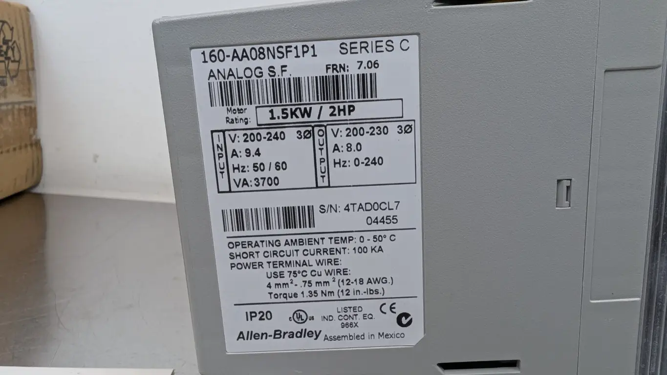 Allen-Bradley 160-AA08NSF1P1 Variable Spead Drive Ser C FRM 7.06 200-240VAC 9.4A to 200-230 8A 0-240Hz 2 HP - Image 7