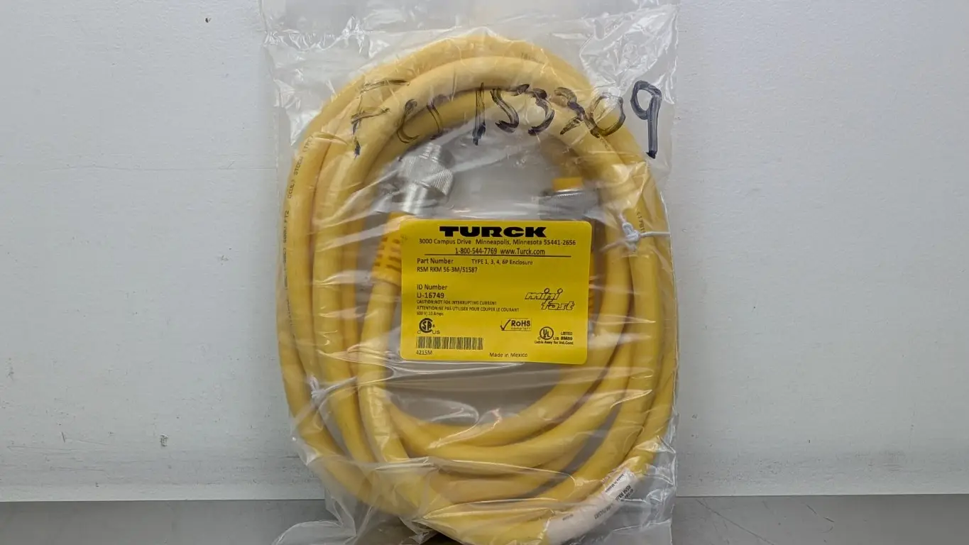 Turck RSM RKM 56-3M/S1587 Extension Cable Cordset U-16749 600V 10A 7/8″ Female 5-Pin 7/8″ Male 5-Pin 3m Yellow